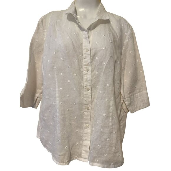 Ishyu Womens White Linen Floral Embroidered Button-Front Shirt Blouse 3/4 Sleeve - Picture 4 of 4